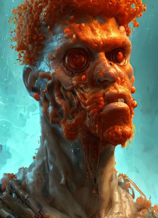 Image similar to biopunk portrait of curly orange hair man from doom 3, au naturel, hyper detailed, digital art, trending in artstation, cinematic lighting, studio quality, smooth render, unreal engine 5 rendered, octane rendered, art style by klimt and nixeu and ian sprigger and wlop and krenz cushart.