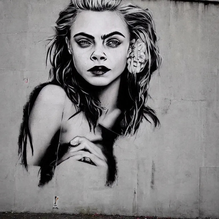 Image similar to Street-art portrait of Cara Delevingne in style of Banksy, photorealism, elegan woman, smiling, clear eyes