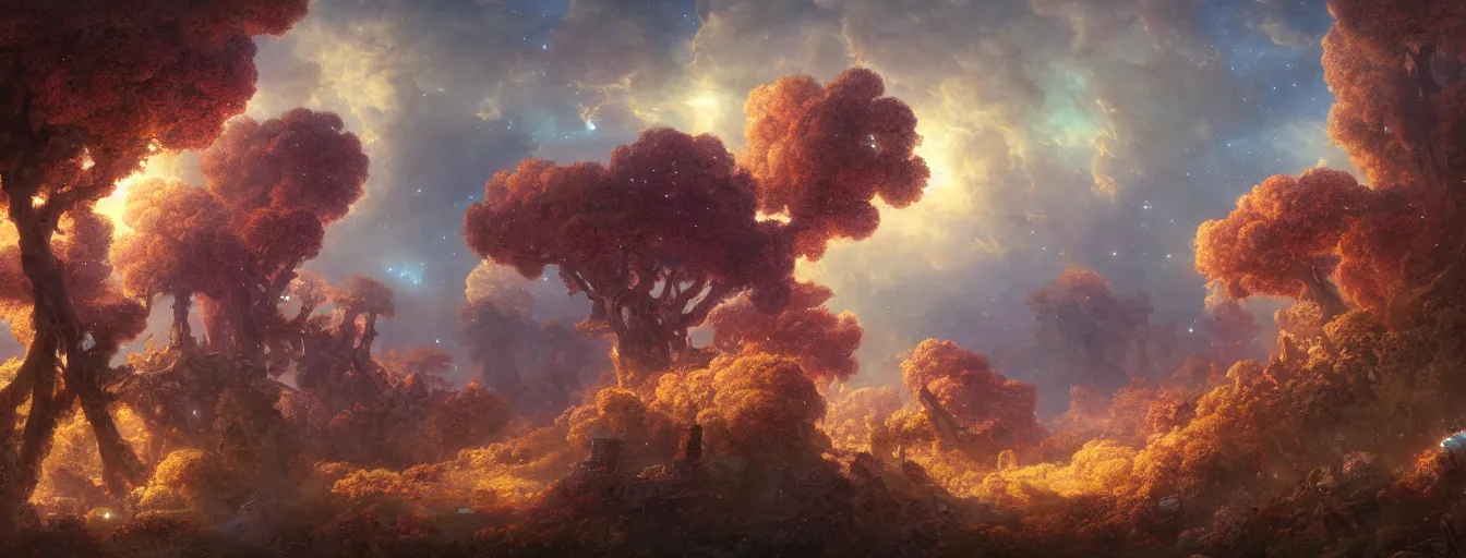 Prompt: a beautiful landscape painting of steampunk landscape, a junk nebula in the sky, galaxies visible, giant trees and colourful flowers, by jean - honore fragonard and don bluth and makoto shinkai, light rays, trending on artstation, octane render