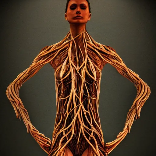 Prompt: digital art, Abstract art, humain female body made of roots, intricate roots, trending on artstation,