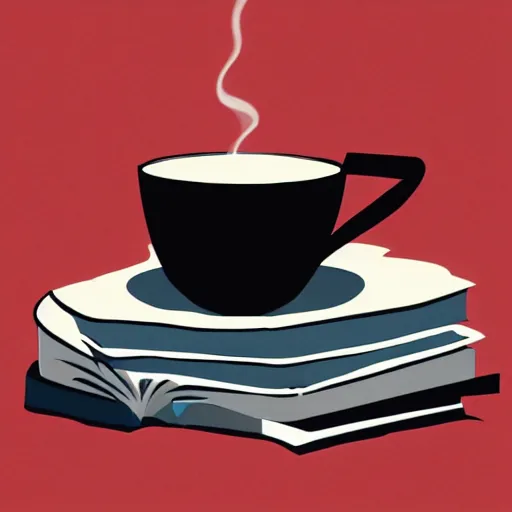 Image similar to Cup of coffe on a stack of books, digital art, award winning, trending on artstation, Poster illustration, art by patrick nagel