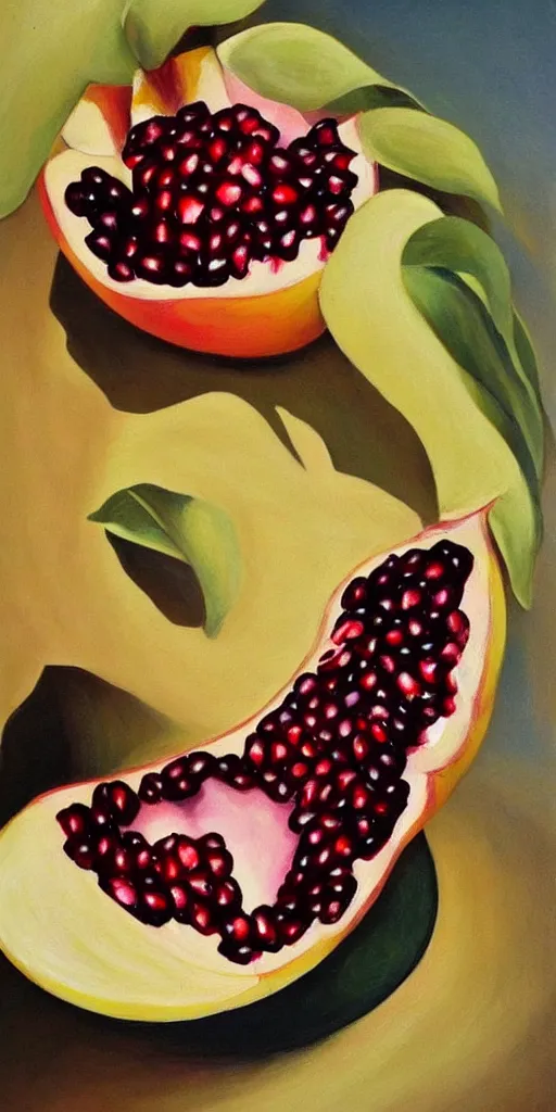 Image similar to pomegranate, georgia o'keefe painting, romantic, feminine, curvy