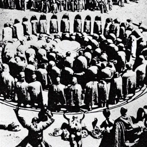 Prompt: photo of a secret atlantian occult ritual with warlocks holding hands in a circle