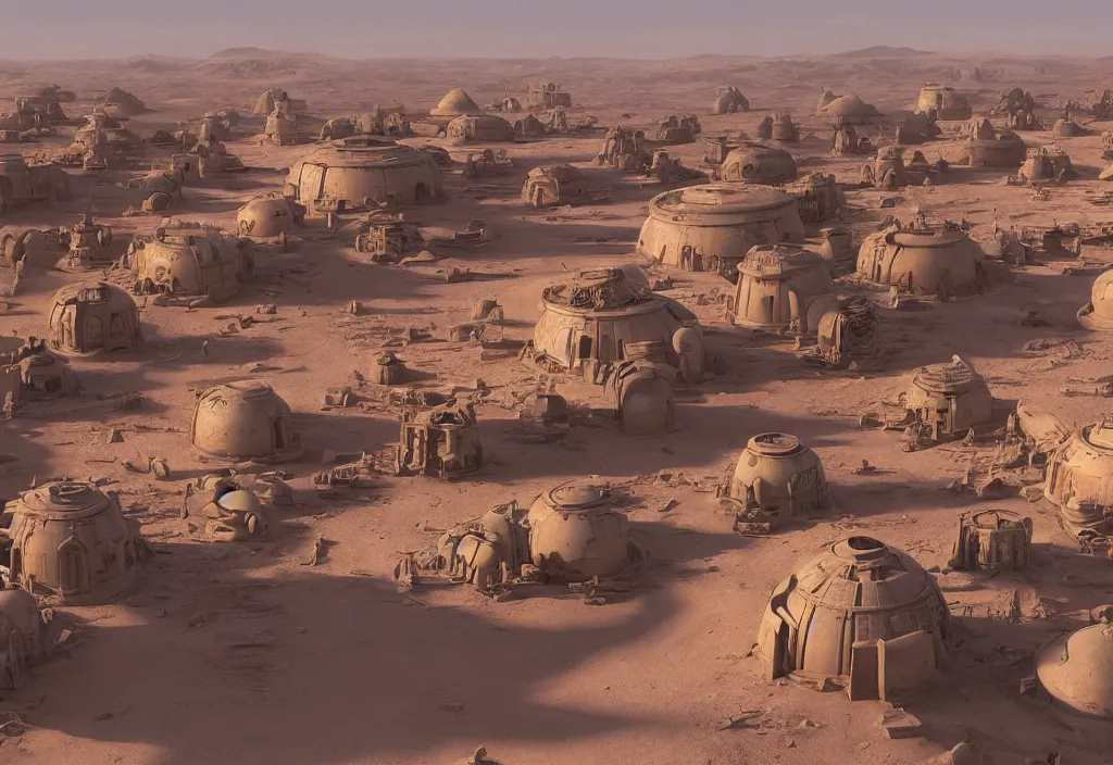 Image similar to tatooine desert town, morning, star wars