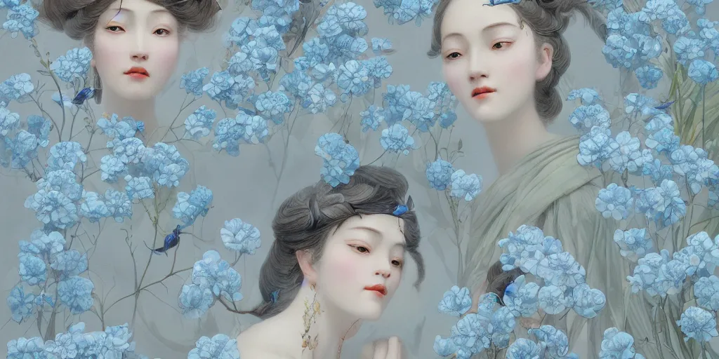 Image similar to breathtaking detailed concept art painting art deco pattern of faces goddesses amalmation light - blue flowers with anxious piercing eyes and blend of flowers and birds, by hsiao - ron cheng and john james audubon, bizarre compositions, exquisite detail, extremely moody lighting, 8 k