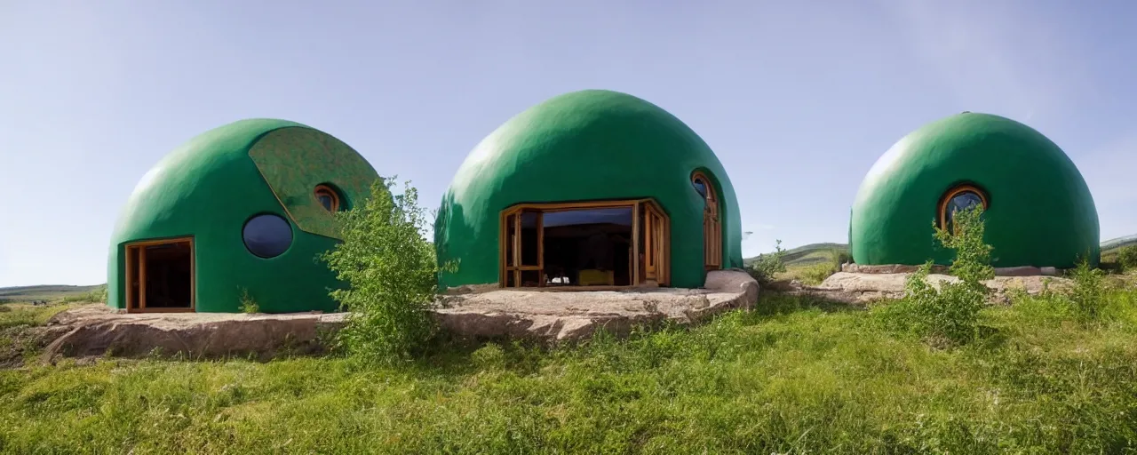 Image similar to spectacular green dome house by kristoffer tejlgaard, earthship, optimus sun orientation, north hemisphere,