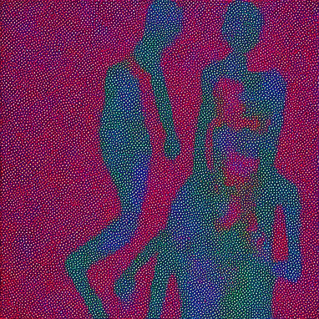 Image similar to girl figure, abstract, jet set radio artwork, cryptic, varying dots, spots, asymmetry, stipple, lines, splotch, color tearing, pitch bending, faceless people, dark, ominous, eerie, hearts, minimal, points, technical, old painting, neon colors, folds