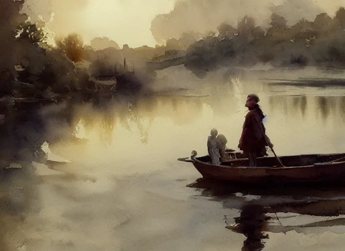 Image similar to watercolor of calm river with wooden boat, stone bridge, art by anders zorn, wonderful masterpiece by greg rutkowski, beautiful cinematic light, american romanticism by greg manchess, creation by tyler edlin