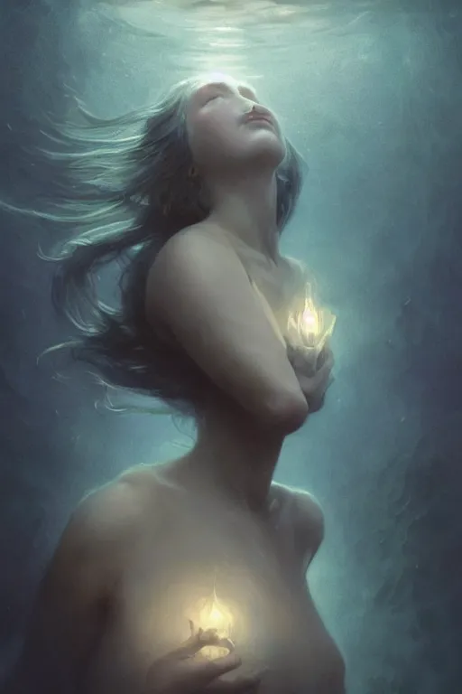 Prompt: floating deep in dark murky water!!!, underwater atmospheric mood, asleep and dreaming! cinematic volumetric lights, bust portrait, dnd, fantasy, intricate, elegant, highly detailed, digital painting, artstation, concept art, smooth, sharp focus, illustration, art by artgerm and tom bagshaw and greg rutkowski and alphonse mucha