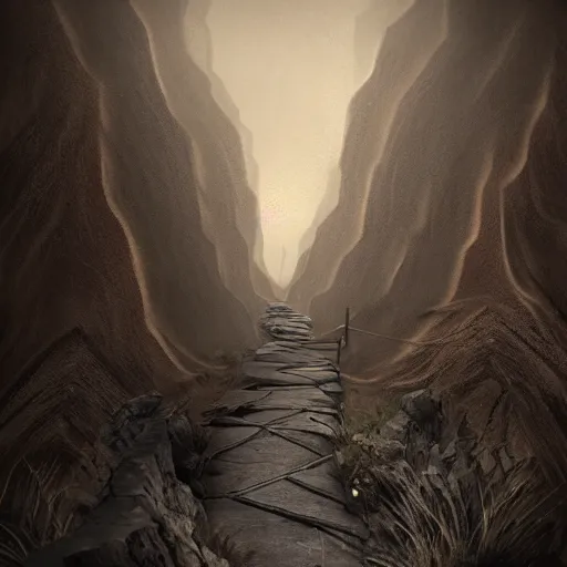 Image similar to a long winding pathway with no terrain on either side, cliffs with no bottom, creepy, gloomy, nightmare, dark rocks, dusty, sepia tones, with a mysterious dark castle at the of the path, digital art, 8 k, concept art, trending on artstation