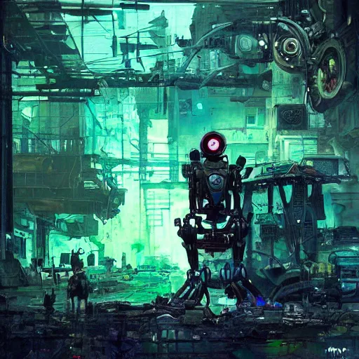 Image similar to A robot sitting alone in a junkyard + black layered paper + end of the world theme + elements + dark blue and green tones + neon + baroque + rococco + white + ink + marc simonetti, craig mullins, peter mohrbacher, michael whelan, detailed, intricate ink illustration, cinematic, mucha