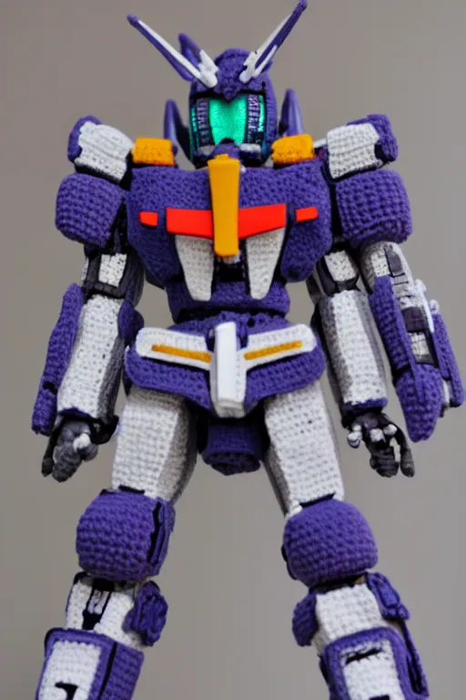 Prompt: a crochet gundam mecha, Sigma 50 mm f/1.4