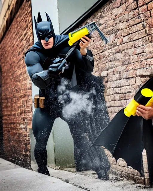 Image similar to happy batman firing super soaker water gun at playful criminals in an alleyway, product advertisement, photogenic photograph