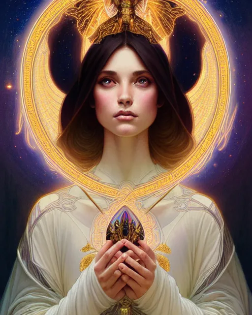 Image similar to symmetry portrait of brunette princess, glam, cleric, fireflies, holy temple background, intricate, elegant, highly detailed, digital painting, artstation, concept art, smooth, sharp focus, illustration, art by artgerm and greg rutkowski and fra angelico and alphons mucha