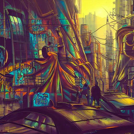 Prompt: beautiful graffiti on a wall in a cyberpunk city, happy mood, futuristic, high detail, sunset, realistic