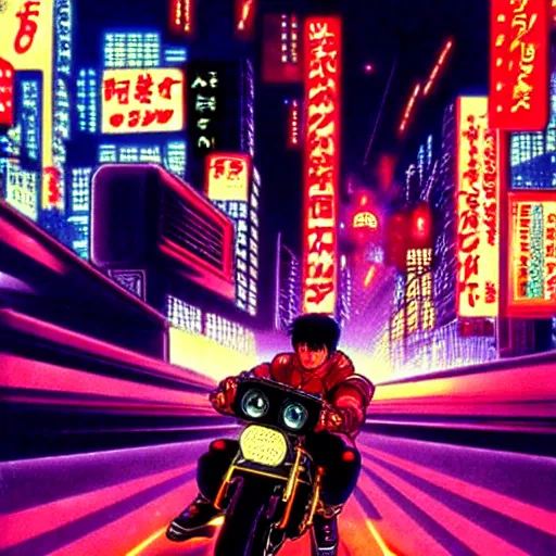 Image similar to kaneda on his motorcycle in neo tokyo looking for akira, night, neon lights, speed, art by katsuhiro otomo, ultra detailed, 8 k