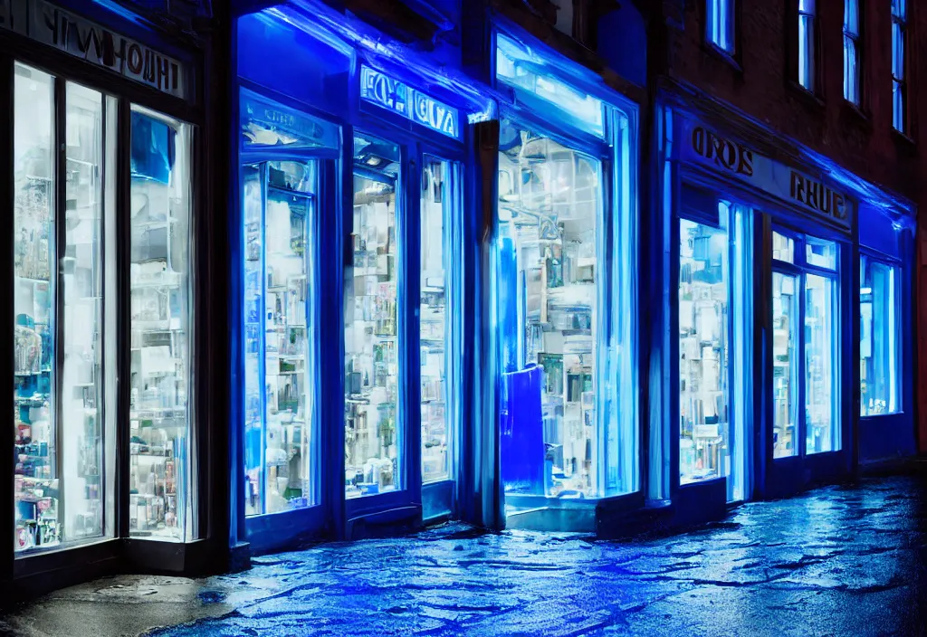 Image similar to old shopfront with blue wax lava lamps in the windows on shelves, the blue glow softly illuminating a wet road, 2 - point perspective from the street, photoreal octane render, night, detailed illustration