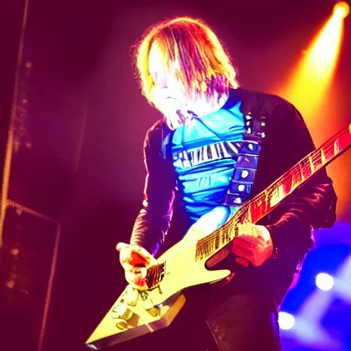 Prompt: “voltron playing guitar at a Def Leppard concert, low angle photo with gleaming lights and sparks”