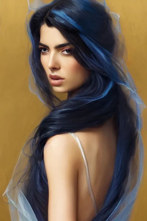 Prompt: back portrait of Ameera al-Taweel, blue eyes, long wavy black hair, fierce look, white veil, closeup, focus face, elegant, highly detailed, centered, digital painting, artstation, concept art, art by artgerm and donato giancola and Joseph Christian Leyendecker, Ross Tran, WLOP