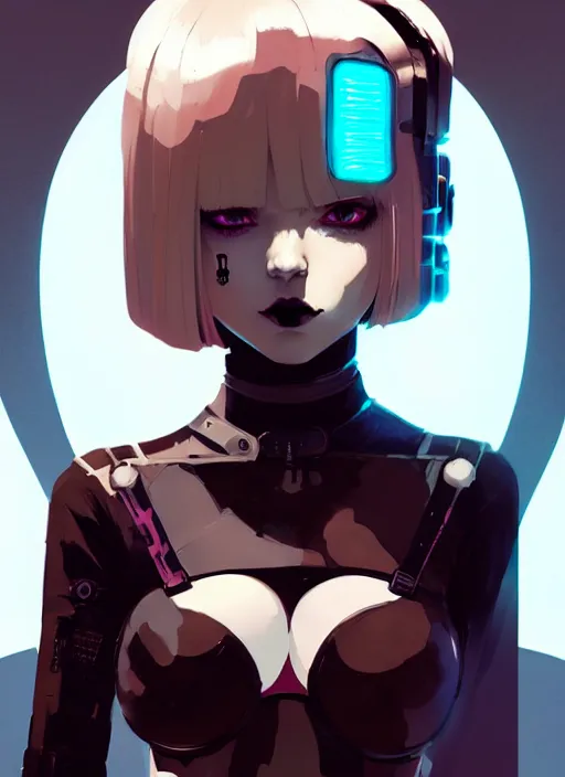 Image similar to portrait of cute goth girl in cyber bikini armor, face by ilya kuvshinov, warhammer, cyberpunk, by atey ghailan, by greg rutkowski, by greg tocchini, by james gilleard, by joe fenton, by kaethe butcher, dynamic lighting, gradient light blue, brown, blonde cream and white color in scheme, grunge aesthetic