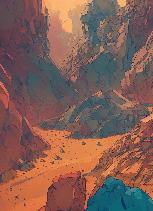 Image similar to abstract art with a theme on mineral rocks, empty world environment. no people nor cars. sharp focus, cinematic pose, cinematic lighting, unreal engine render. art by josan gonzales and moebius and deathburger.