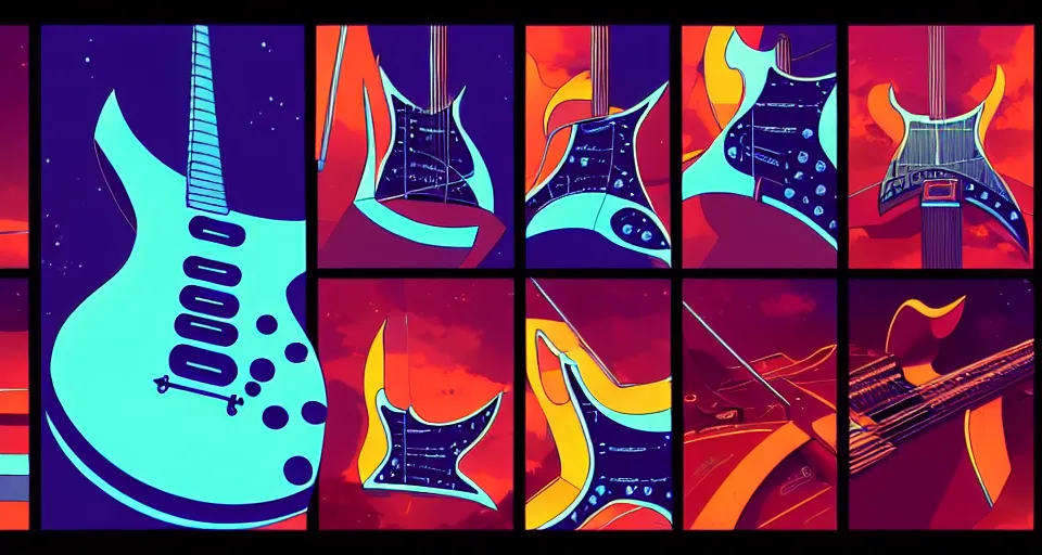 Image similar to a layout of amazing futuristic guitars, cinematic lighting, detailed, beautiful colors, by greg rutowski and studio ghibli