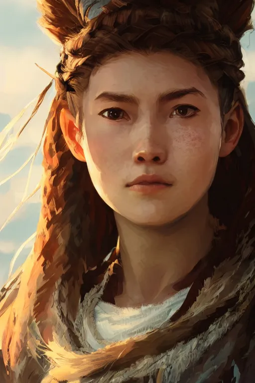 Prompt: pretty portrait of aloy from horizon : forbidden west. digital painting by artgerm and greg rutkowski, closeup portrait. shallow depth of field field.