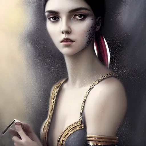 Image similar to like dust, magic gathers in overlooked places, photorealistic portrait of cleopatra in style of tom bagshaw and greg rutkowski. absolutely stunning!, sitting on the palace stairs, symmetrical perfect face, porcelain skin, ultra - detailed, digital art, 8 k