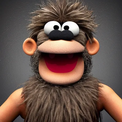 Image similar to a still of a forgotten muppet character looking very manly and modern, hilarious, laughing, hairy chest, huge chin, manly monster tough guy, roughled fur, photo real, photographic, photograph, artstation, trending, featured