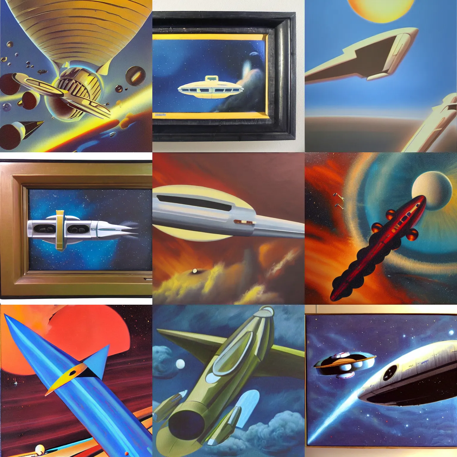 Prompt: retro sci-fi spaceship, 1970s, oil on canvas