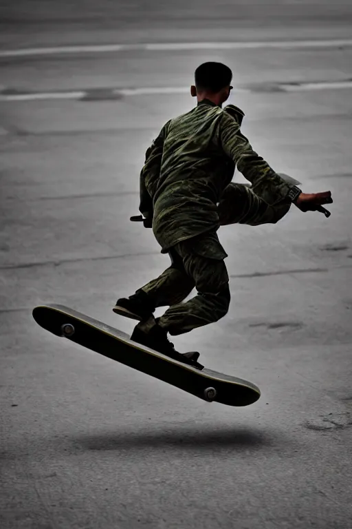 Image similar to vietnam soldier playin skateboard, photorealistic, smooth, 4 k, aesthetic lighting, baroque object, hyperdetailed, professional photography, pullitzer winning, photo by : canon eos 5 d mark iv, by karah mew and adnan abidi