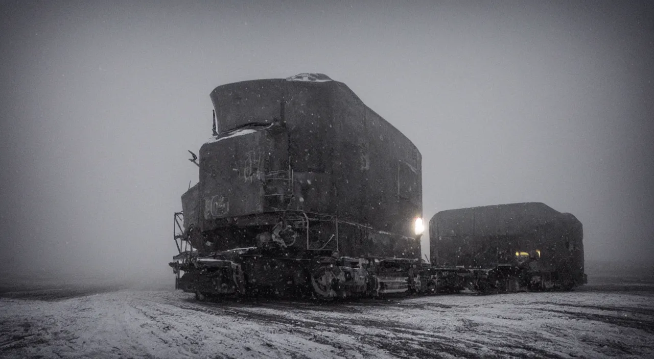 Image similar to “photo of one biomechanical mammoth in an arctic storm with fog and blizzard, the mammoth drags old gigantic coal wagons with snow, it's a sunset photo with cold tones, some people around ”