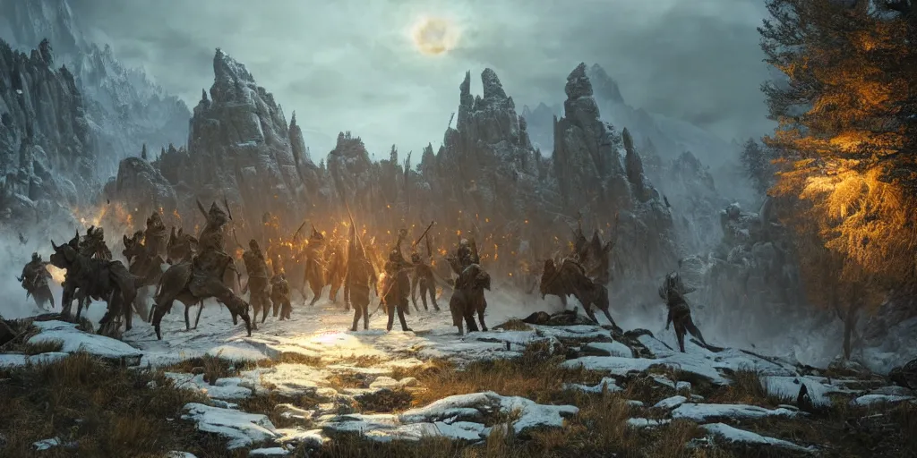 Image similar to the elder scrolls vi, epic battle scene in the mountain valley, atmospheric lighting, painted, intricate, volumetric lighting, beautiful, daytime, sunny weather, slight overcast, golden hour, sharp focus, deep colours, ultra detailed, by leesha hannigan, ross tran, thierry doizon, kai carpenter, ignacio fernandez rios