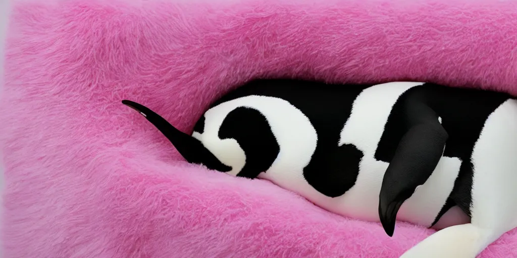 Prompt: realistic penguin sitting in an pink fluffy bed waving