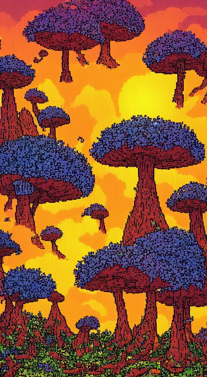 Prompt: a dreamy sunset in the giant mushrooms forest in pixelart style, highly detailed