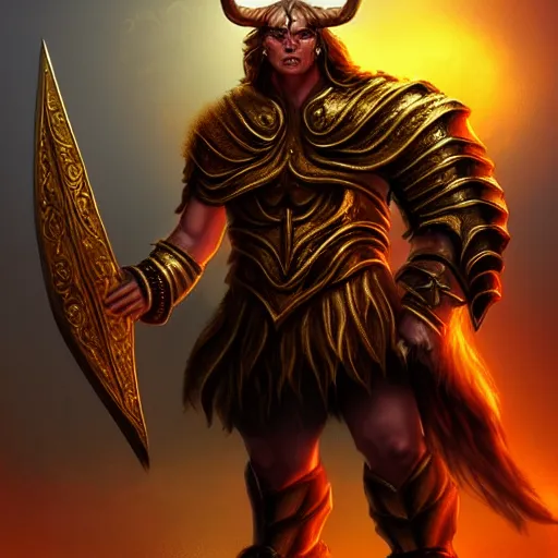 Image similar to epic minotaur beast in heavy golden armor wielding giant axe, artwork, concept art, greek mythology, dark fantasy, digital painting, artstation, d&d