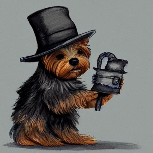 Image similar to detective yorkshire terrier wearing a fedora, in a dark alley, by D&D Concept Artists