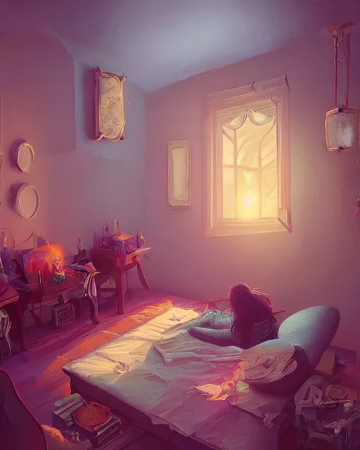 Prompt: beautiful painting of a elven bedroom, art by mike winkelmann, golden hour, illustration, highly detailed, simple, smooth and clean vector curves, no jagged lines, vector art, smooth, artstation