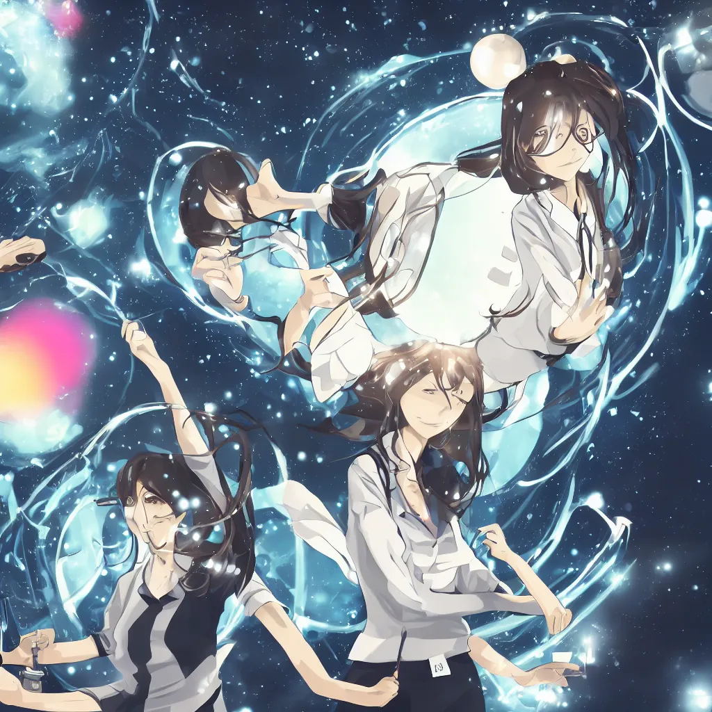 Image similar to an anime art of a female scientist in a laboratory holding a black hole, concept art, stylised, elegant, illustration, 4k wallpaper, high detailed