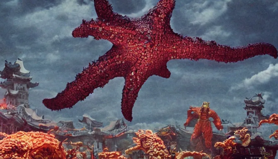 Image similar to a filmstill of the movie Pulgasari by Shin Sang-ok, a giant kaiju starfish destroying a korean palace, epix composition, dramatic lighting