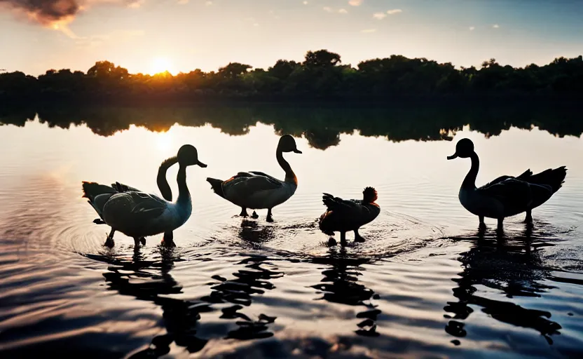 Image similar to Muscovy duck dancing on water, beautiful flowing fabric, sunset, dramatic angle, 8k hdr pixiv dslr photo by Makoto Shinkai and Wojtek Fus