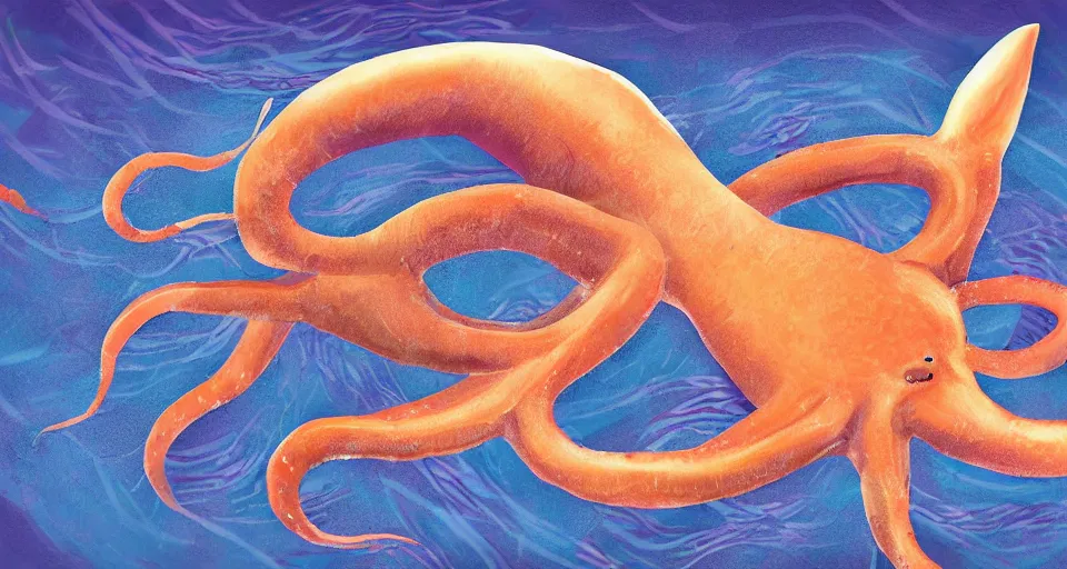 Image similar to Giant Squid wearing a top hat, swimming through the ocean, digital painting, Photoshop