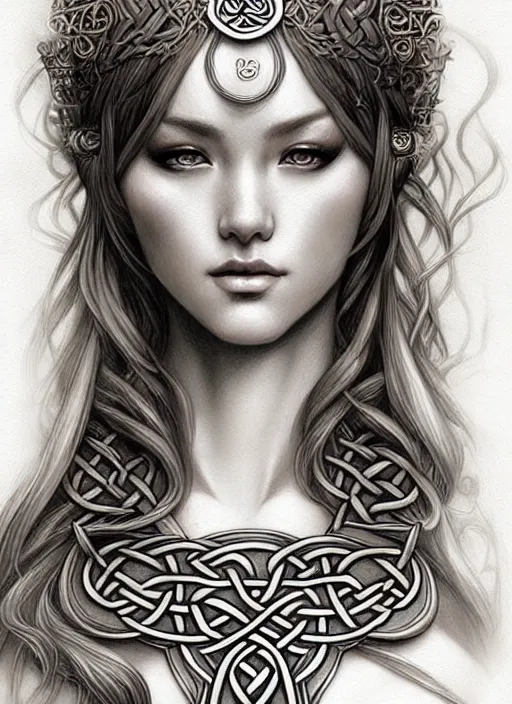 Prompt: beautiful celtic goddess, character portrait, sketch, concept art, intricate details, highly detailed photorealistic, portrait, in the style of adam hughes, seseon yoon, artgerm and warren louw
