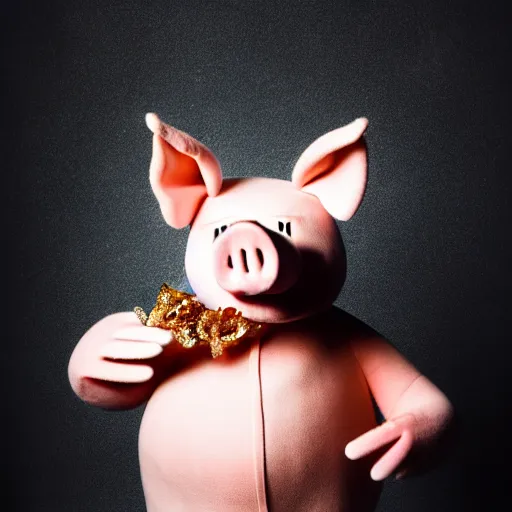 Prompt: !dream studio photograph of a pig wearing a gold crown eating bacon depicted as a muppet