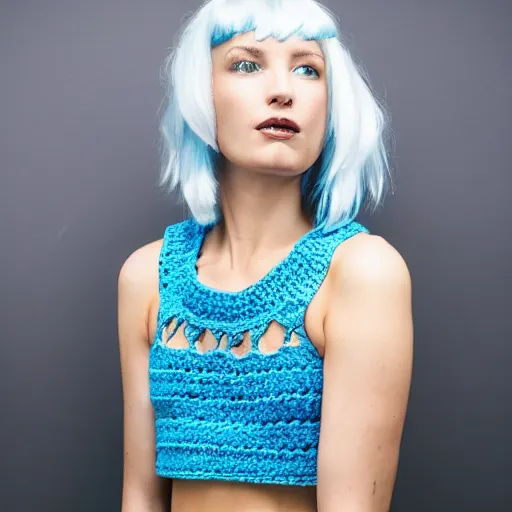 Image similar to A photo of a caucasian female model with blue hair wearing a crocheted croptop.