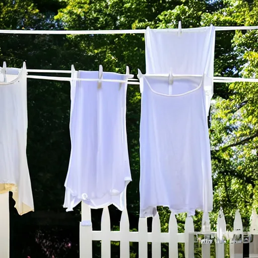 Image similar to hyper realistic photo, happy Donald Trump hanging white linen sheets on a clothesline in a backyard, sunny day