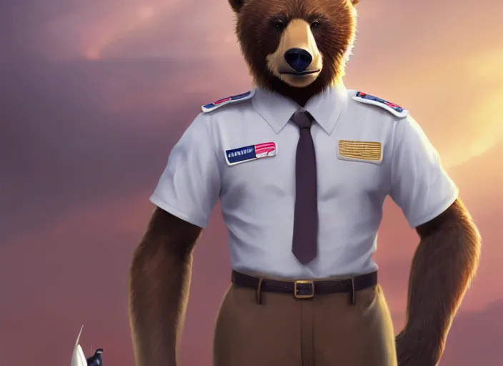 Image similar to character portrait feature of the anthro male anthropomorphic kamchatka brown bear fursona wearing white airline pilot outfit uniform professional pilot for delta airlines character design stylized by charlie bowater, ross tran, artgerm, and makoto shinkai, detailed, soft lighting, rendered in octane