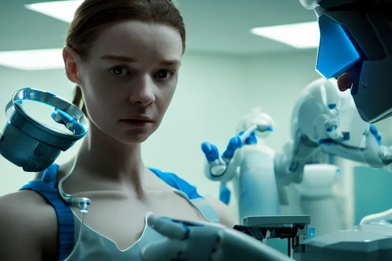 Image similar to promotional image from a sci - fi movie, a cyborg girl on the operation table in a dark dystopian lab, soft blue light, a cyborg surgeon robot, medical equipment, 8 k, cinematic, very detailed face, movie still frame, promotional image, imax 7 0 mm footage