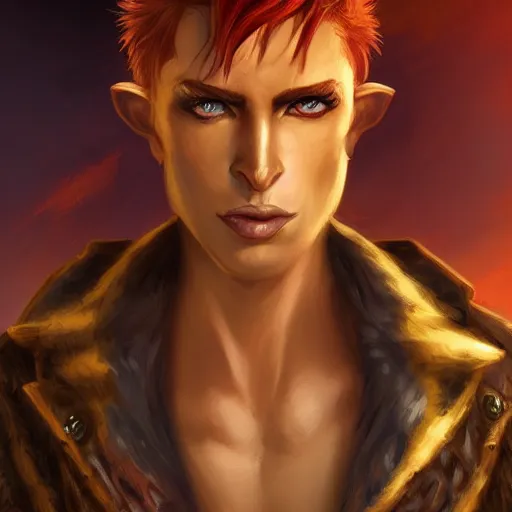 Prompt: dnd character portrait of a tanned half - elf with messy short red hair and golden eyes with slit pupils, beautiful and androgynous with dark skin, feral, glowing, golden hour, wearing a stylish men's suit, by ross tran and gerald brom, trending on artstation