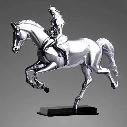 Image similar to cinematic photoshoot of clean modern hand crafted super futuristic tech horse sculpture pro display xpr luxury smooth color metal white silver with black leather padding well design ultrareallistic detailed high quality 8 k photorealistic ultra realistic